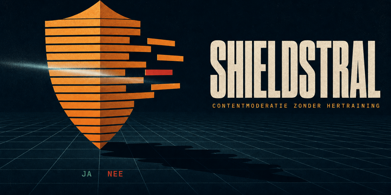 Grafisch affiche met een amberkleurig geometrisch schildicoon van schuivende tekstlatten, de woorden 'CONTENTMODERATIE ZONDER