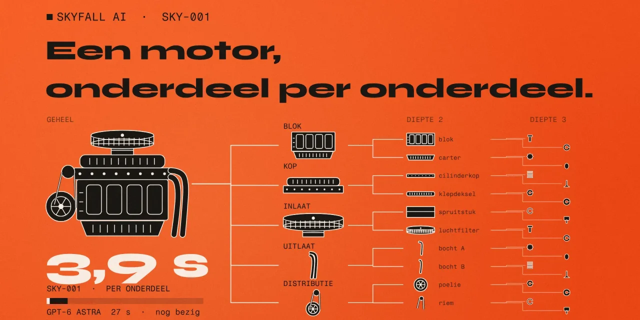 Oranje poster: een getekende motor valt uiteen in een boom van onderdelen, met 3,9 s per onderdeel tegenover GPT-6 Astra