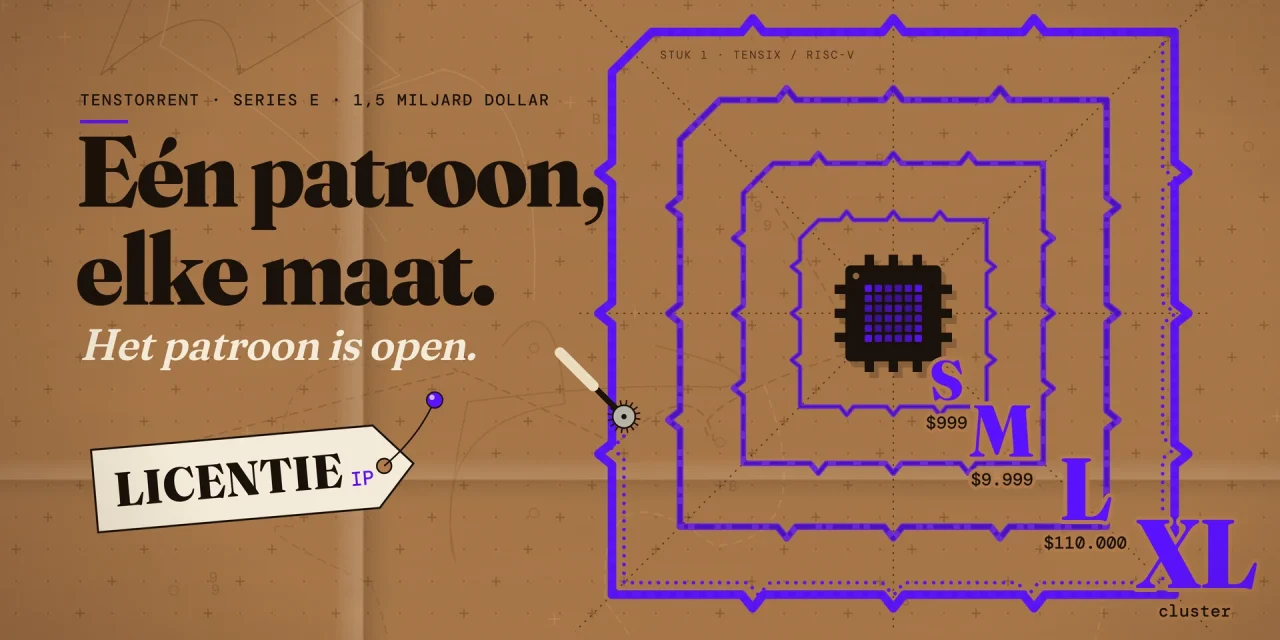 Naaipatroon op bruin kraftpapier: één chip met violette knippatroonlijnen in de maten S, M, L en XL. Kop: Eén patroon, elke maat.