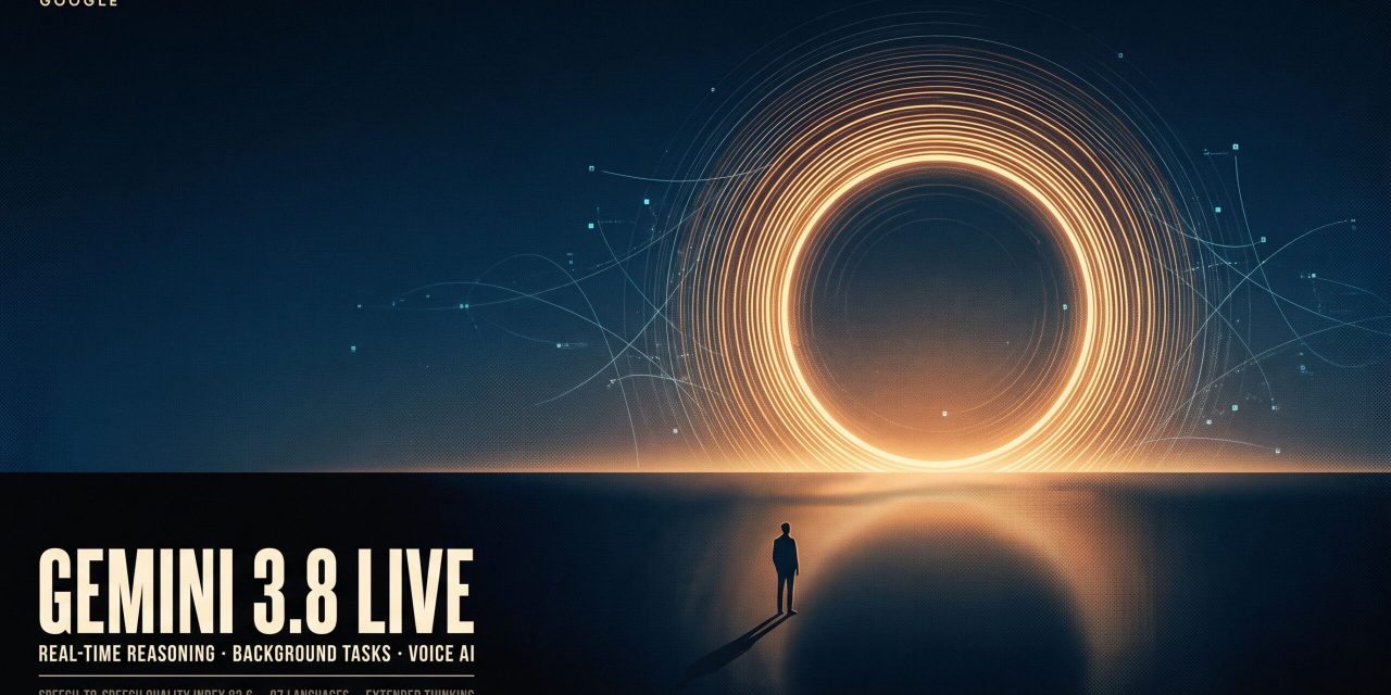 Amber concentric sound-wave rings float above a dark horizon beside a small silhouette, with cyan data threads and cream post